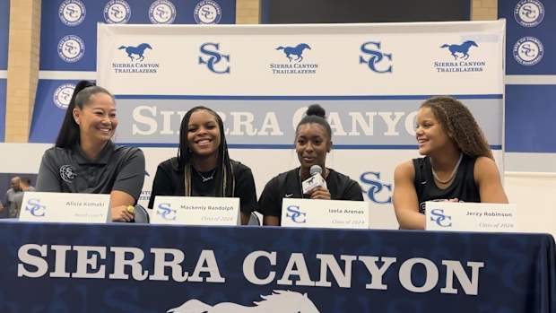 Sierra Canyon girls basketball (L-R) coach Alicia Komaki, Mackenly Randolph, Izela Arenas and Jerzy Robinson speaking at media day on November 1, 2023.